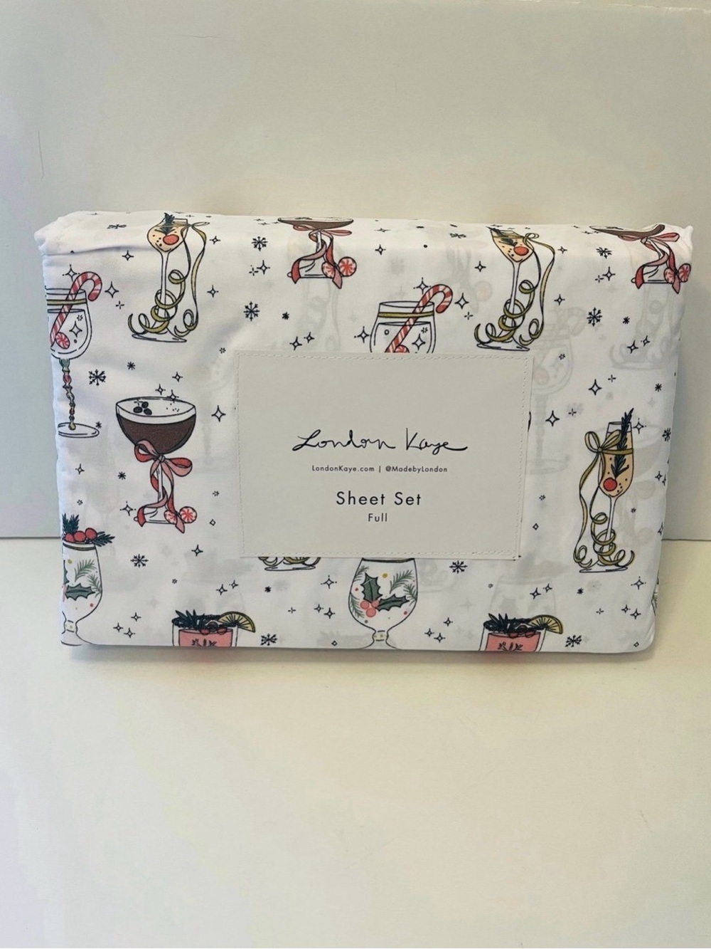 London Kaye Full Size White Sheet Set Deck the Cocktails Candy Cane Peppermint